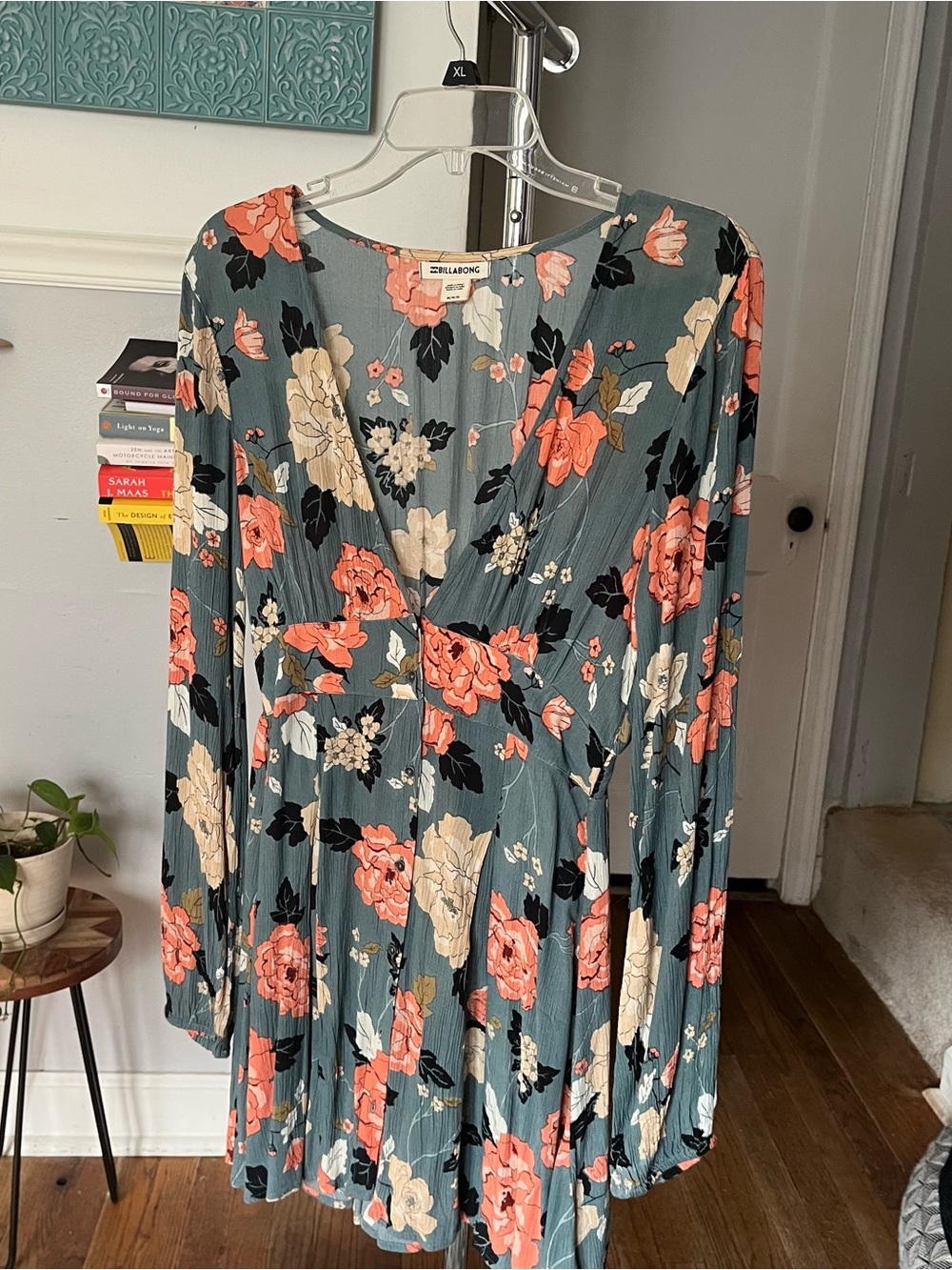 Billabong Slate Blue Floral Dress with Coral & Black Accents